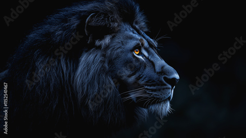 Majestic black lion with glowing golden eyes in a shadowy profile view.
 photo