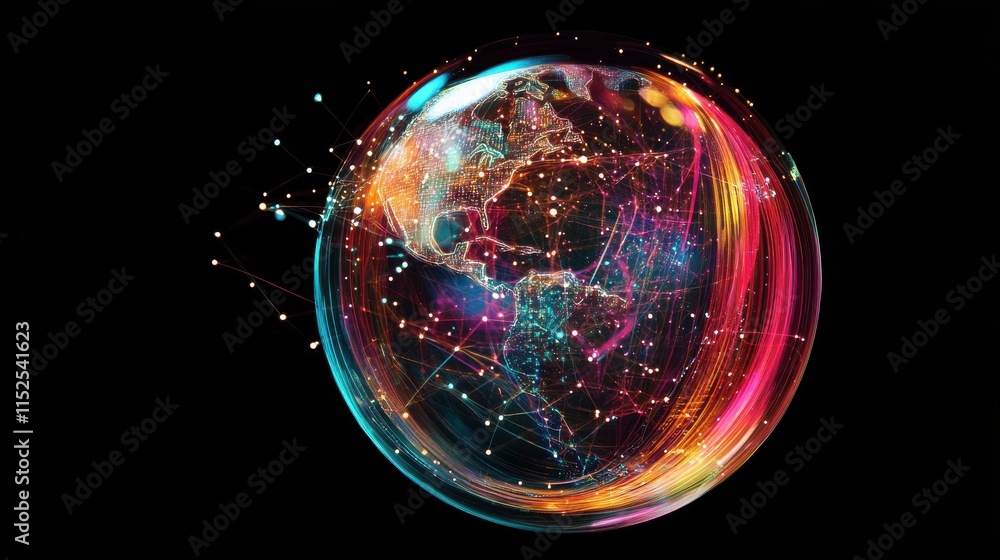 Colorful Abstract Globe with Digital Connections and Light Trails Colorful Abstract Globe with Digital Connections and Light Trails