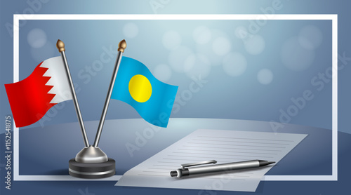 Bahrain and Palau National flags on small table with bokeh background, cooperative relationship