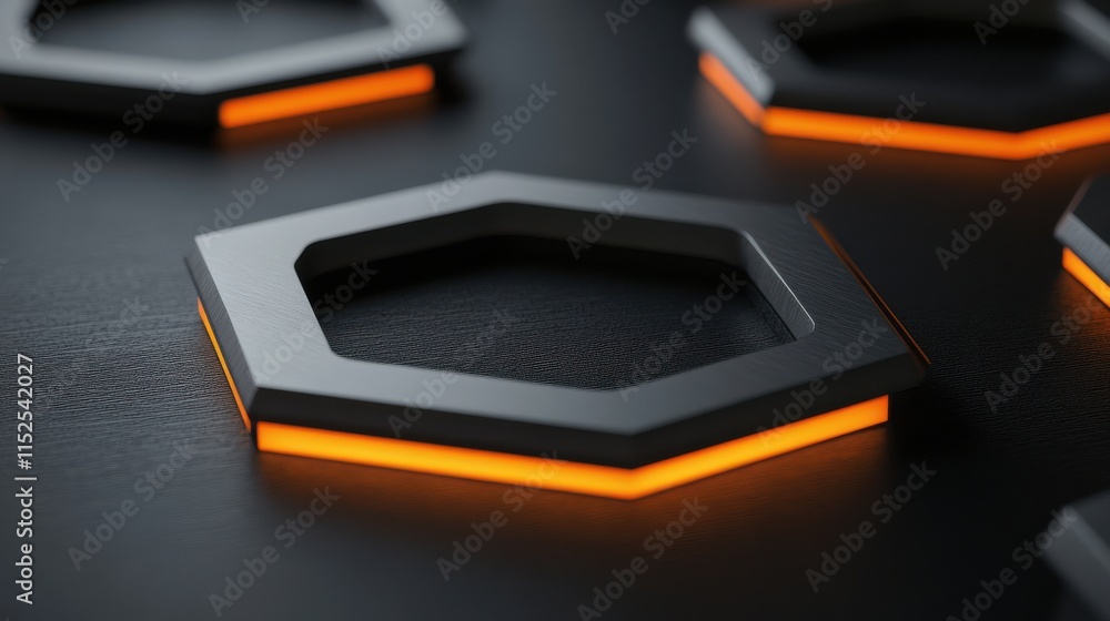 Hexagonal Shapes with Neon Orange Light on Black Background Hexagonal Shapes with Neon Orange Light on Black Background