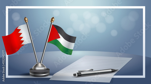 Bahrain and Palestine National flags on small table with bokeh background, cooperative relationship