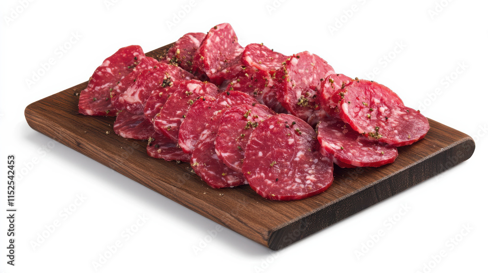A high-resolution product photo of premium marbled meat slices neatly arranged on a wooden board, vibrant and fresh red tones with subtle marbling patterns, bright white background creating stark cont A high-resolution product photo of premium marbled meat slices neatly arranged on a wooden board, vibrant and fresh red tones with subtle marbling patterns, bright white background creating stark cont