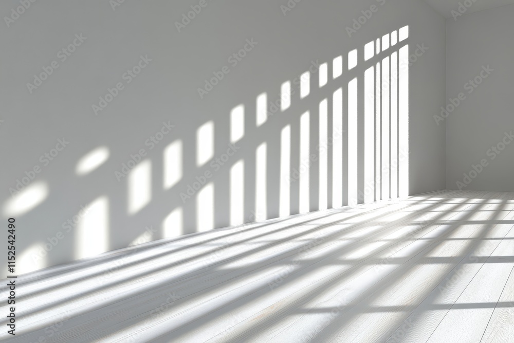 Sunlight casts shadows through window in empty room. Sunlight casts shadows through window in empty room.