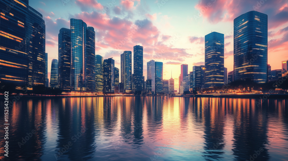 Fototapeta premium Sunset Reflections of Illuminated Skyscrapers on a Serene Riverfront Cityscape, With Their Glow Casting on the Water