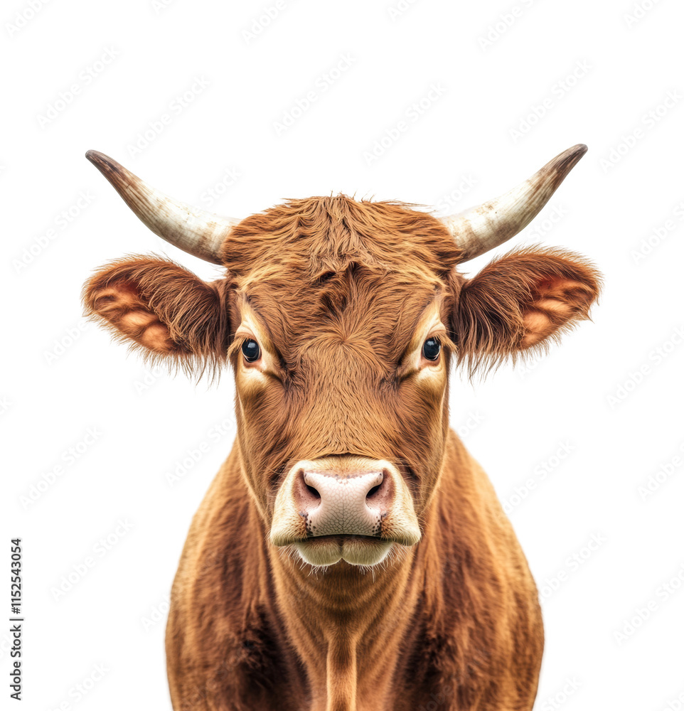 Closeup portrait of brown cow with horns, detailed face, expressive eyes, farm animal livestock for dairy and agriculture isolated on transparent background Closeup portrait of brown cow with horns, detailed face, expressive eyes, farm animal livestock for dairy and agriculture isolated on transparent background