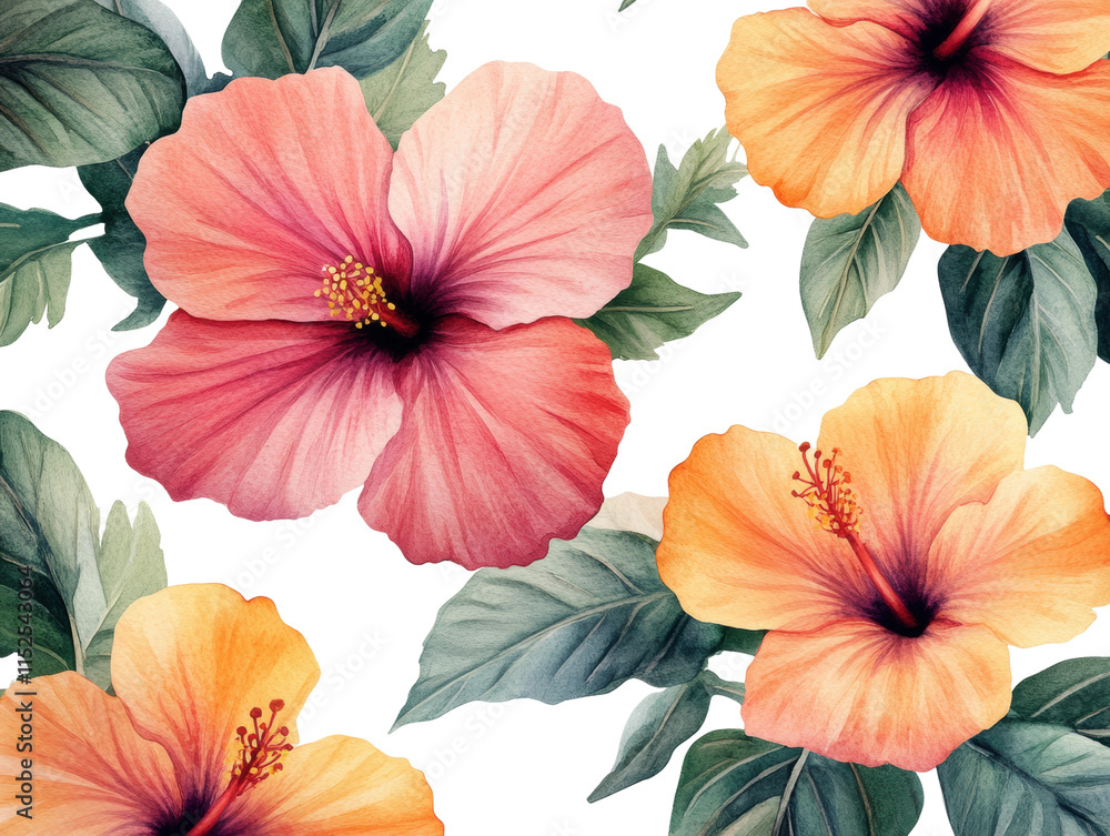 custom made wallpaper toronto digitalHibiscus flower pattern with vibrant colors and lush green leaves. Isolated on transparent background, png.