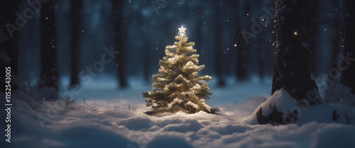 Decorated Illuminated Christimas Pine Tree at Night in Dark Snowy Forest Banner with Copy Space