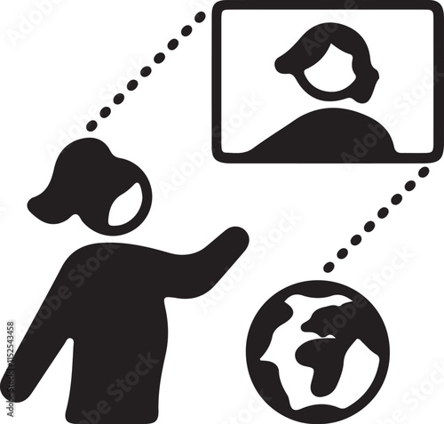 An illustration of a silhouette-style icon featuring a video call symbol, such as a camera, overlaid on a globe, representing video communication across the world