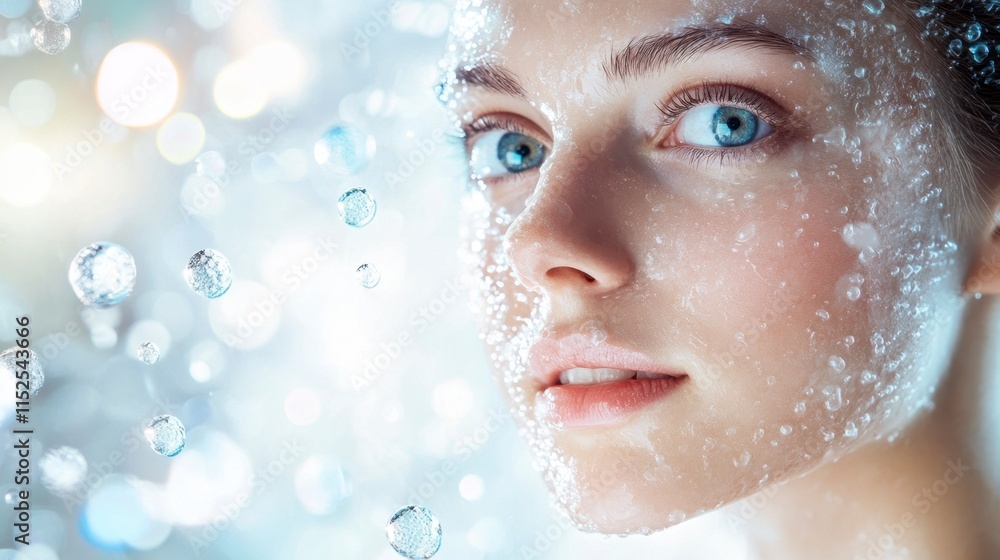 Woman's Face, Water Drops, Skincare, Closeup, Serene, Beauty, Spa, Treatment, Hyaluronic Acid, Refreshing Woman's Face, Water Drops, Skincare, Closeup, Serene, Beauty, Spa, Treatment, Hyaluronic Acid, Refreshing
