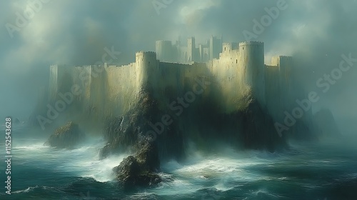 A Misty Ocean Castle Stands on Rugged Cliffs