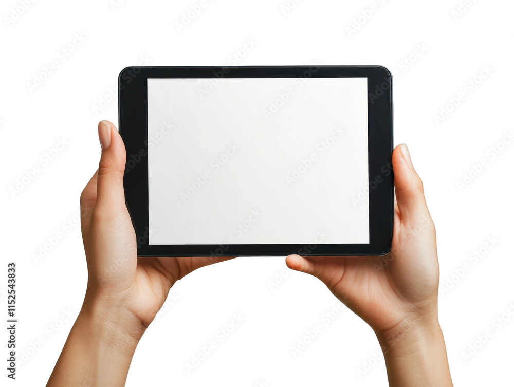 Female hands holding horizontal blank tablet with white screen, digital device concept for design, technology, apps, and copy space isolated on transparent background Female hands holding horizontal blank tablet with white screen, digital device concept for design, technology, apps, and copy space isolated on transparent background