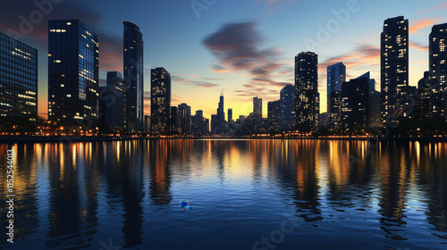 Sunset Reflections of Illuminated Skyscrapers on a Serene Riverfront Cityscape, With Their Glow Casting on the Water