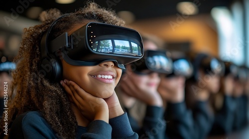 Students engaged learning with interactive touch screens virtual reality headsets and digital tools in a sleek modern classroom with a proud teacher offering guidance photo