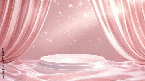 Elegant Pink Stage with Sparkling Background and Soft Drapery for Presentation