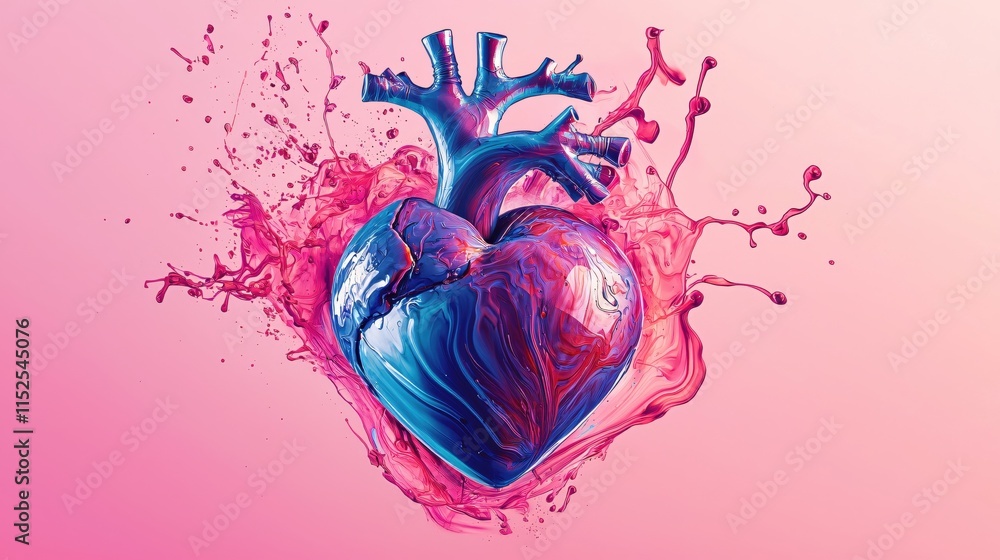 Colorful Heart Illustration with Abstract Splash Design in Vibrant Pink Background Colorful Heart Illustration with Abstract Splash Design in Vibrant Pink Background