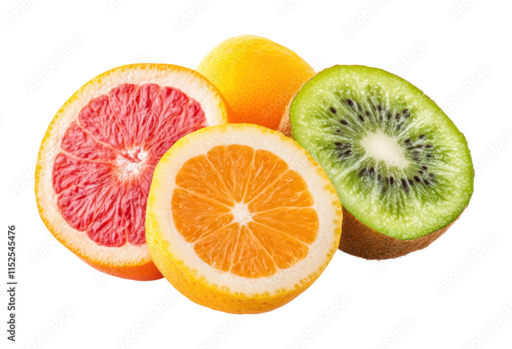 Assorted citrus fruits including orange, grapefruit, lemon, and sliced kiwi, vibrant colorful fresh fruit mix for healthy eating and organic produce isolated on transparent background Assorted citrus fruits including orange, grapefruit, lemon, and sliced kiwi, vibrant colorful fresh fruit mix for healthy eating and organic produce isolated on transparent background