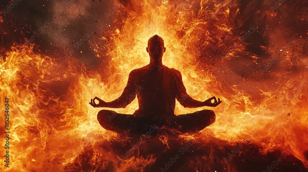 Inner Fire: A Man Meditates Amidst Fiery Embers Inner Fire: A Man Meditates Amidst Fiery Embers