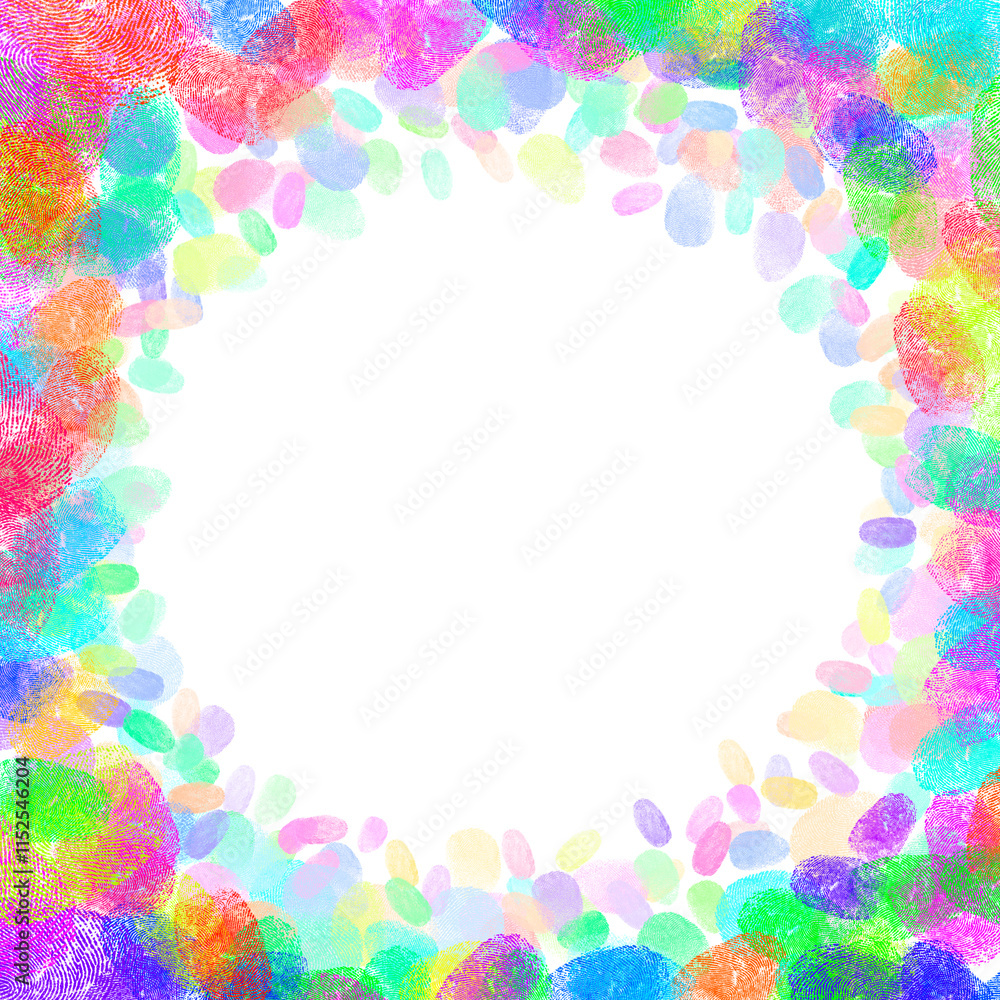 Fingerprints of different colors on white background. Frame with space for text Fingerprints of different colors on white background. Frame with space for text