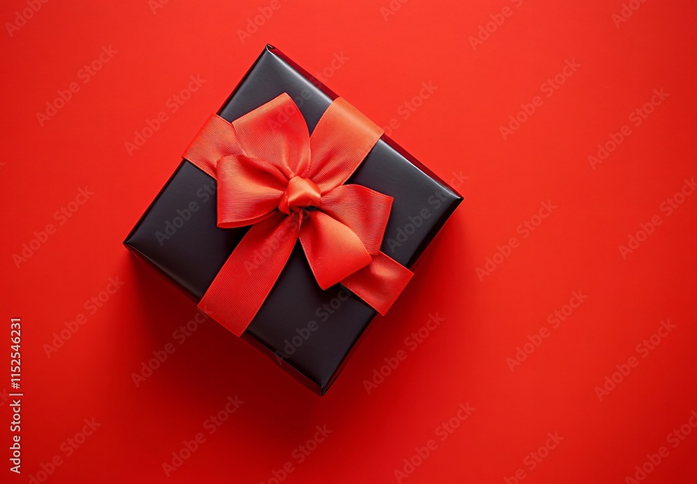 Elegant Black Gift Box with Red Bow on Red Background Elegant Black Gift Box with Red Bow on Red Background