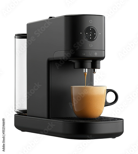 Modern black coffee machine brewing fresh espresso into a cup, sleek appliance design for aromatic beverages and kitchen convenience isolated on transparent background photo