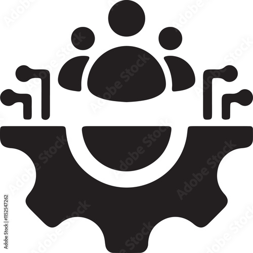 An illustration of a silhouette-style icon featuring a stickman partially merged with a gear, symbolizing collaboration or integration in a system