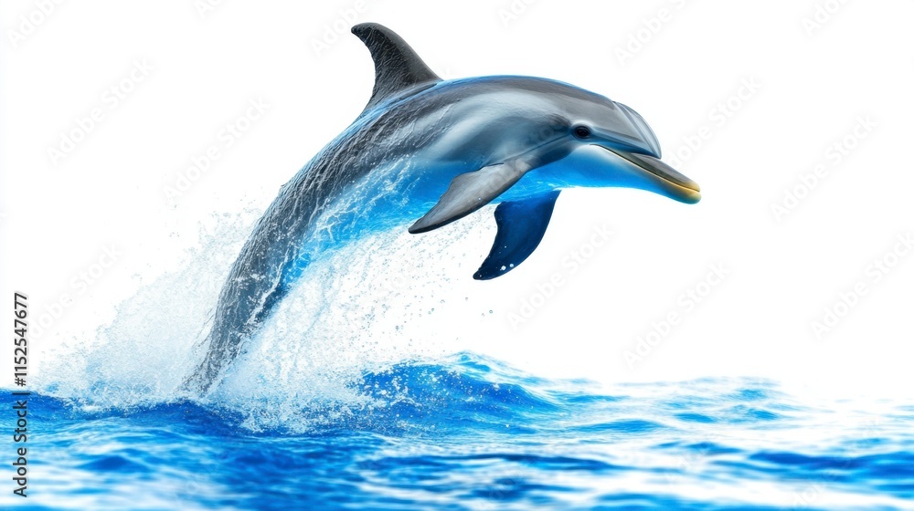Fototapeta premium Dolphin Leaping, Ocean Splash, White Background, Wildlife