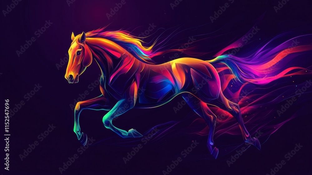 Dynamic Rainbow Horse Running Dark Background Neon Art Dynamic Rainbow Horse Running Dark Background Neon Art