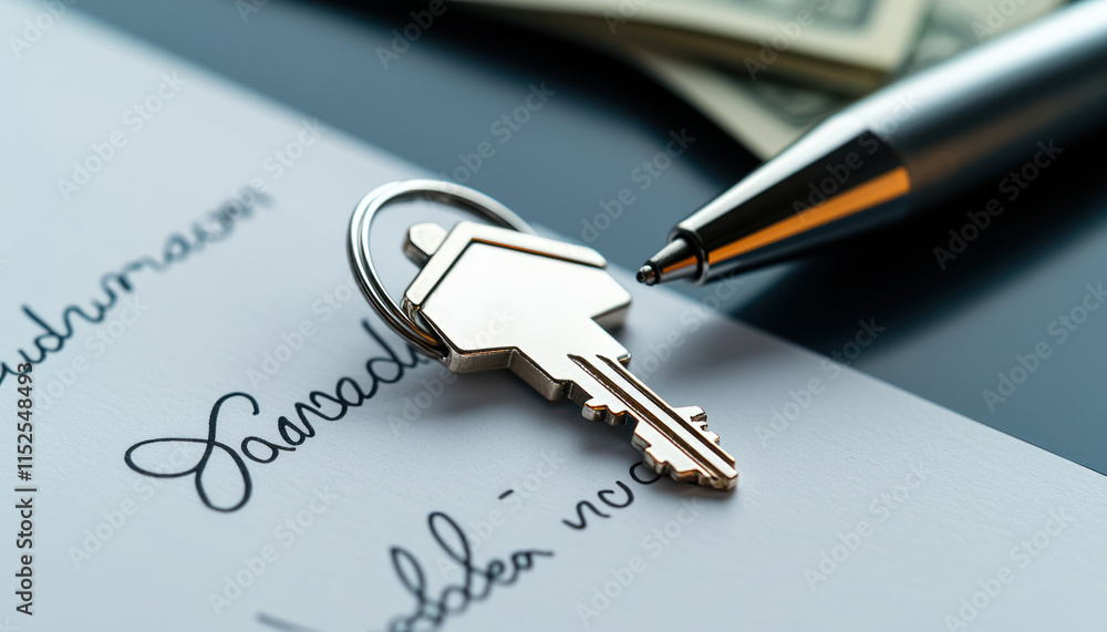 A close up of house purchase agreement signature with silver key, house shaped keyring, and pen, symbolizing new beginnings A close up of house purchase agreement signature with silver key, house shaped keyring, and pen, symbolizing new beginnings