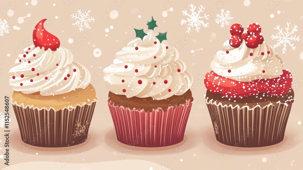 Festive Christmas Cupcakes Trio on Beige Background - Holiday Treats Festive Christmas Cupcakes Trio on Beige Background - Holiday Treats
