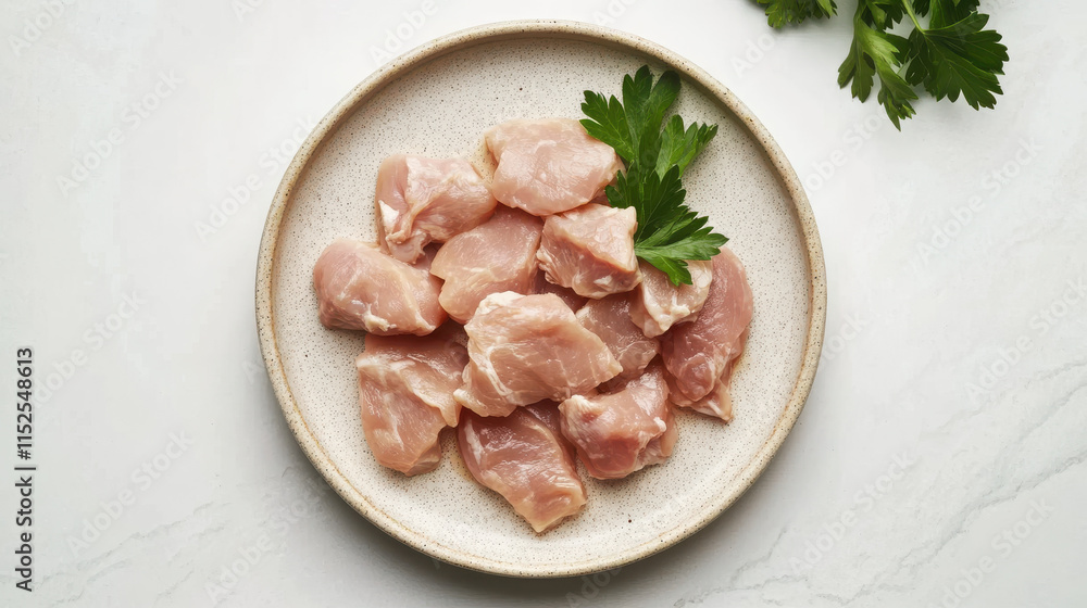 A high-resolution product photo of organic chicken breast pieces arranged on a minimalist ceramic plate, light pink and cream tones, fresh and clean, white background enhancing focus on subject, garni A high-resolution product photo of organic chicken breast pieces arranged on a minimalist ceramic plate, light pink and cream tones, fresh and clean, white background enhancing focus on subject, garni