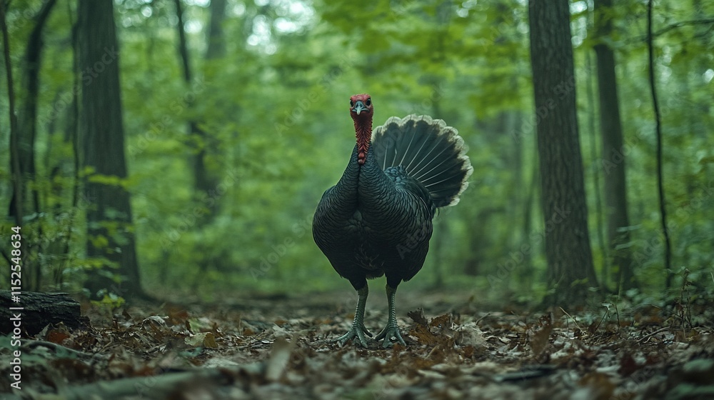 Fototapeta premium Wild turkey in forest, displaying feathers.