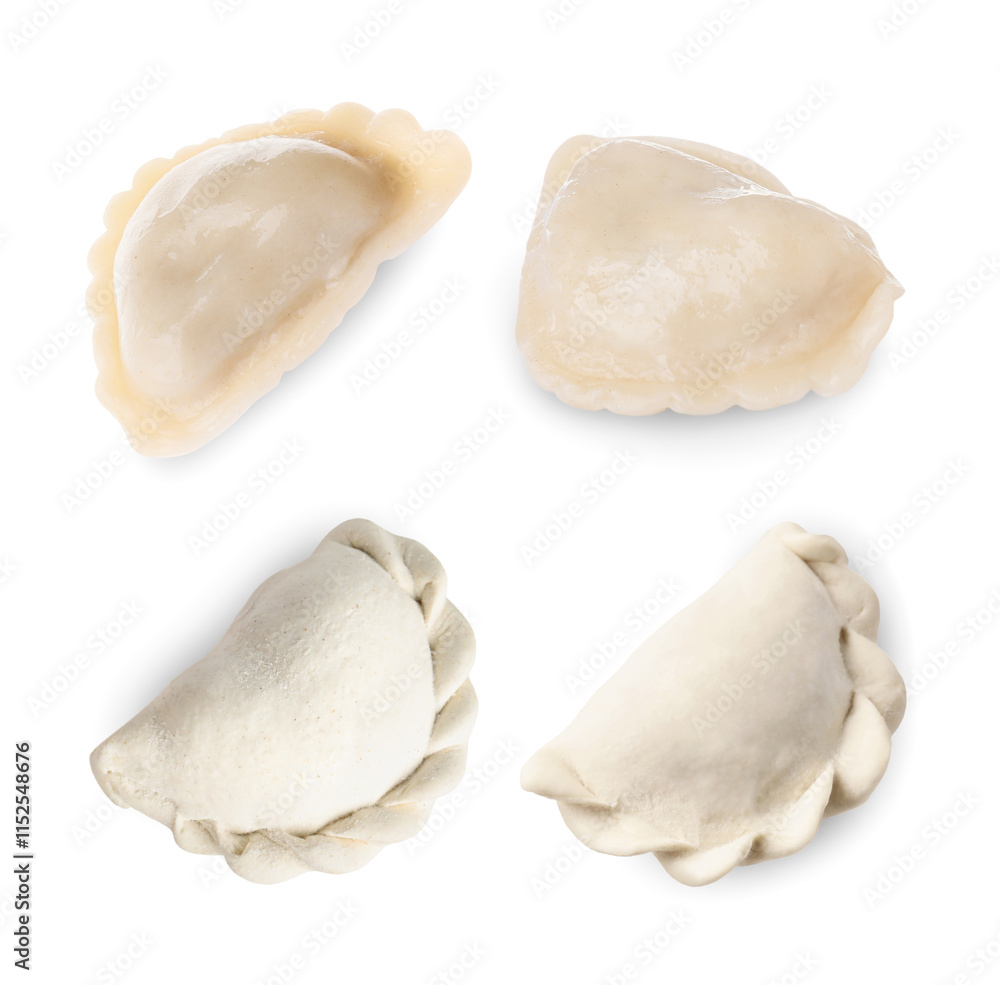 Raw and cooked dumplings (varenyky) in air on white background Raw and cooked dumplings (varenyky) in air on white background