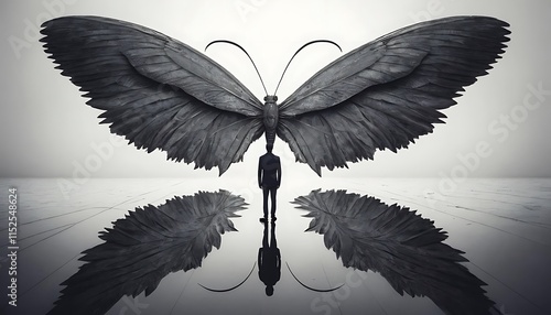 Man Stands Before A Giant Dark Butterfly Sculpture photo