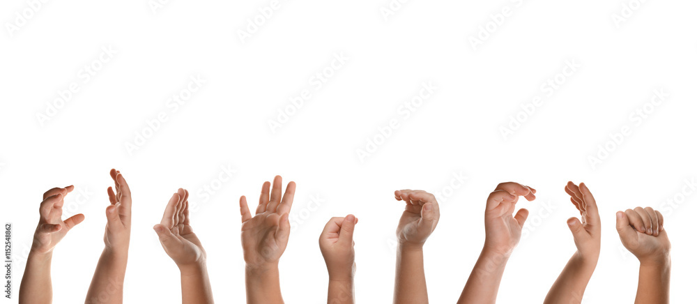 Kids showing hands on white background, closeup Kids showing hands on white background, closeup