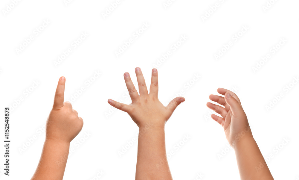 Kids showing hands on white background, closeup