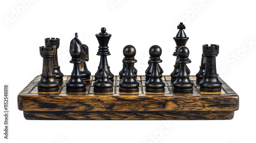 Wooden chess board with black and brown pieces in starting position, strategic game setup, classic design, and traditional gameplay theme isolated on transparent background photo