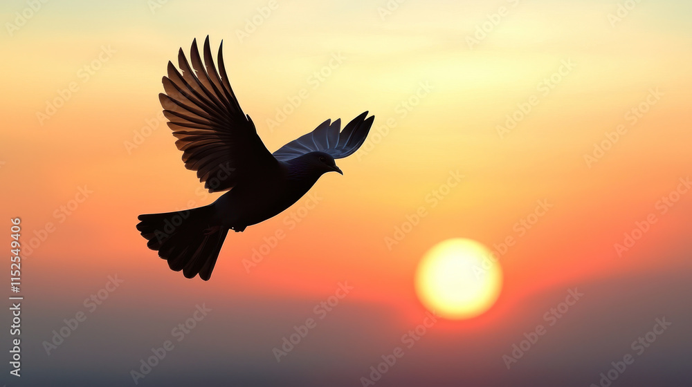 Obraz premium A single soaring bird silhouette against vibrant sunrise, symbolizing freedom and success in business