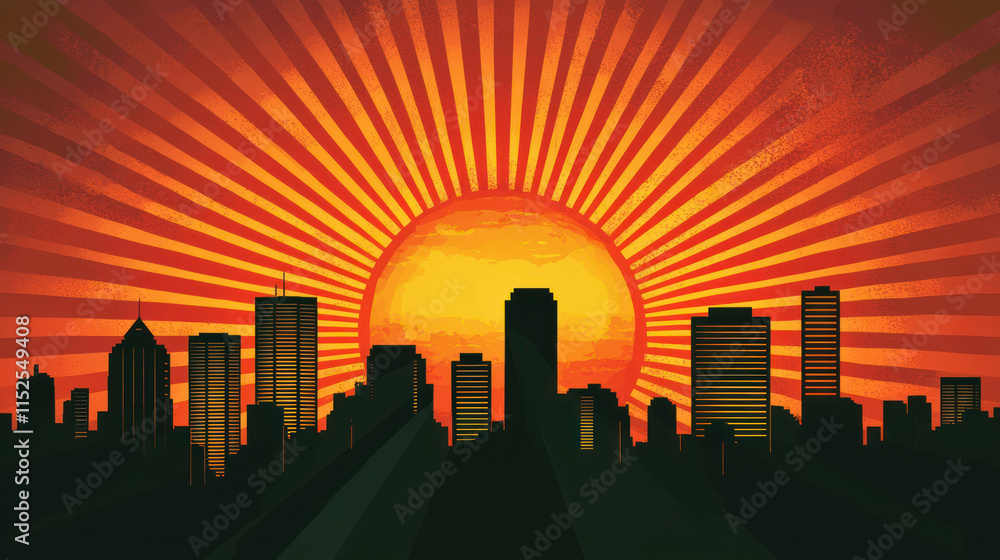 Naklejka premium A rising sun symbol illuminating cityscape, embodying business success and visionary leadership