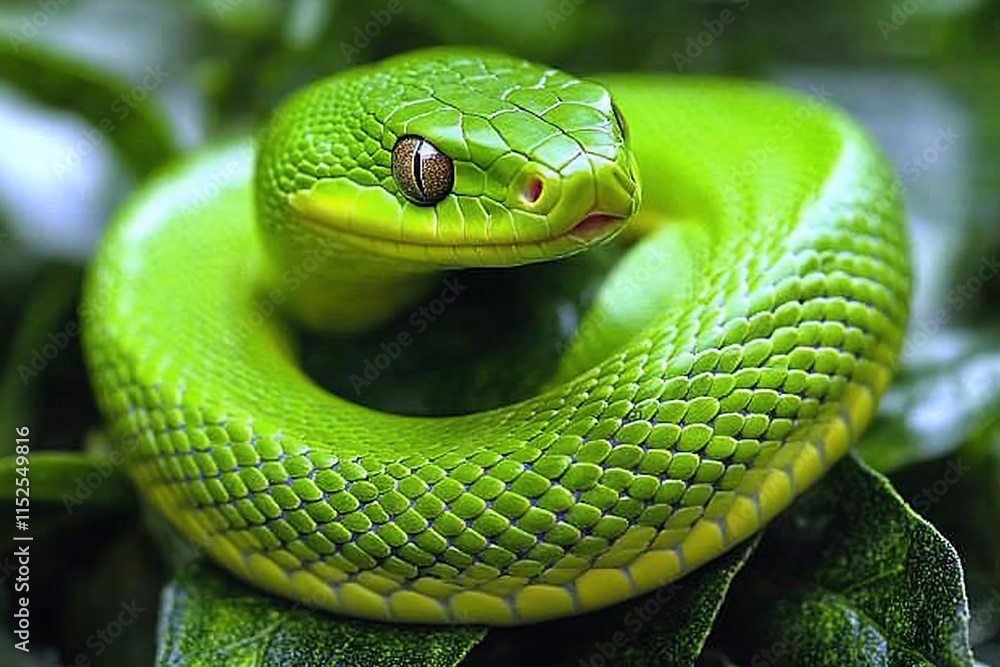 Fototapeta premium Vibrant emerald green snake coiled on leaves.