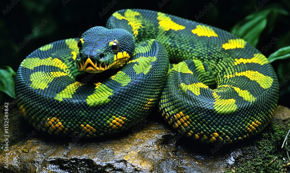 Obraz premium Vibrant green snake curled on rock.