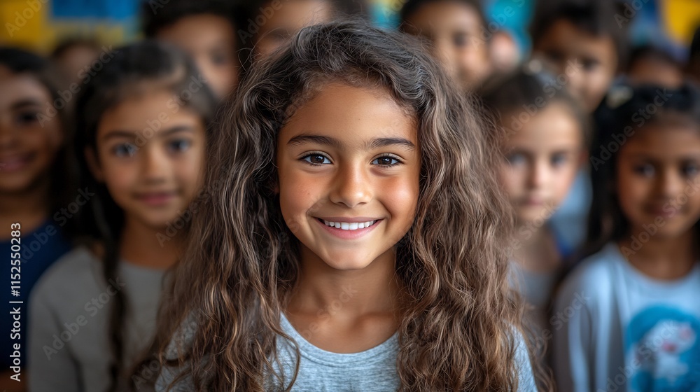 Diverse group of children proudly standing with their teacher in a classroom after completing a challenging group assignment showing unity and achievement Diverse group of children proudly standing with their teacher in a classroom after completing a challenging group assignment showing unity and achievement