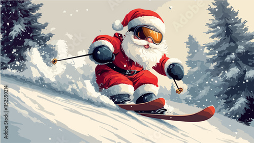 Santa Claus skiing down a snow-covered mountain during the winter holiday season