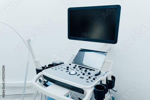 Interior of gynecologist office hospital, bright room with medical equipment