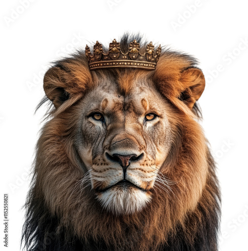 Majestic lion wearing a golden crown, closeup portrait of a royal king of the jungle with a regal expression isolated on transparent background photo