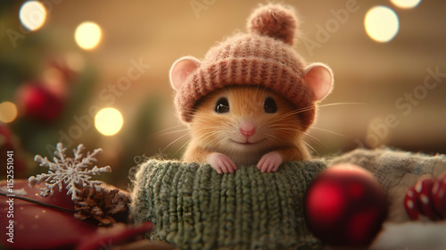 A cute hamster wearing a knitted hat, nestled in a cozy blanket decorated for the holidays. photo