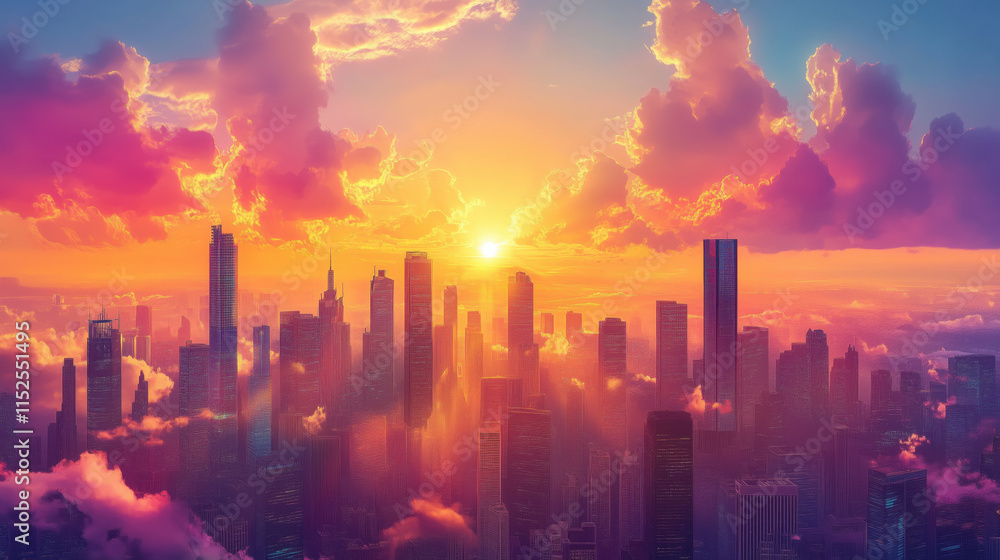 Urban Skyline Sunset with Glowing Sun, Colorful Clouds, and Shimmering Skyscrapers Urban Skyline Sunset with Glowing Sun, Colorful Clouds, and Shimmering Skyscrapers