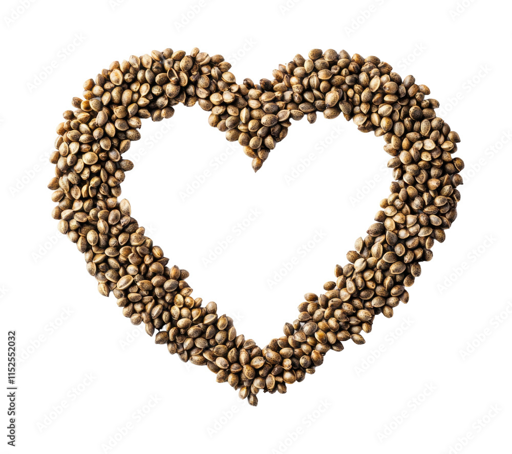 Heart shape made of hemp seeds, organic natural food concept for health, nutrition, vegan, and superfood themes isolated on transparent background Heart shape made of hemp seeds, organic natural food concept for health, nutrition, vegan, and superfood themes isolated on transparent background