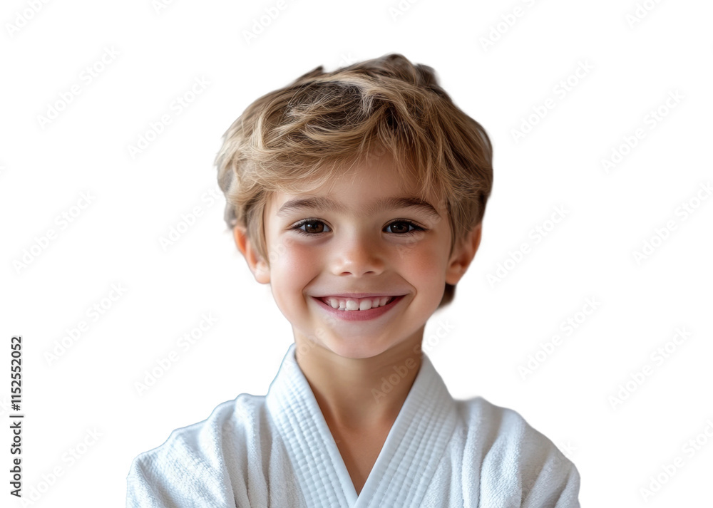 Smiling young boy in white martial arts uniform, confident kid in karate gi ready for training, sports and discipline concept isolated on transparent background Smiling young boy in white martial arts uniform, confident kid in karate gi ready for training, sports and discipline concept isolated on transparent background