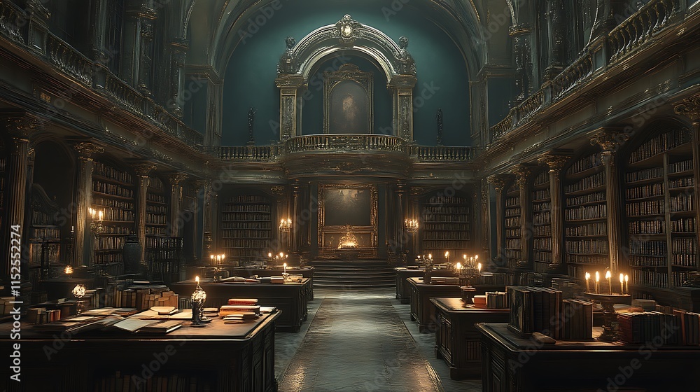 Obraz premium A Grand Old Library Filled With Ancient Books And Candles