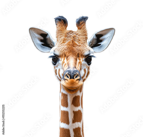 Portrait of a giraffe head with large ears, long neck, and detailed fur texture, adorable wild animal, safari wildlife, and African mammal isolated on transparent background photo